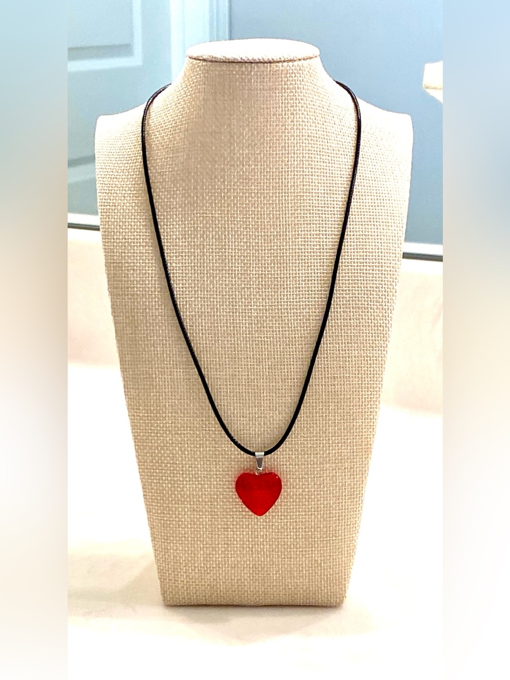 NWOT Translucent Ruby Red Glass Puffy Heart Pendant Black Cord Necklace